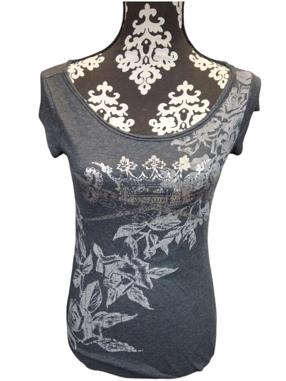 Vanity y2k Grey Silver Foil Crown Graphic Top